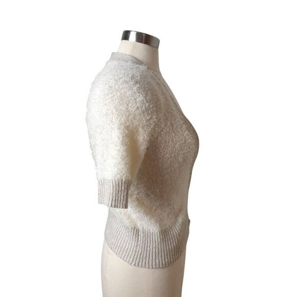 Decree Women's Cropped Sweater L Cream Gold Y2K Fuzzy Cardigan Button-Up - Picture 4 of 5